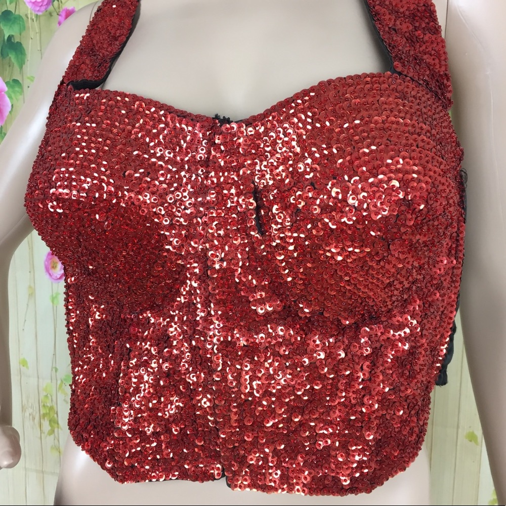 JC Red Sequin Bustier Top Size L (36) - Picture 1 of 5